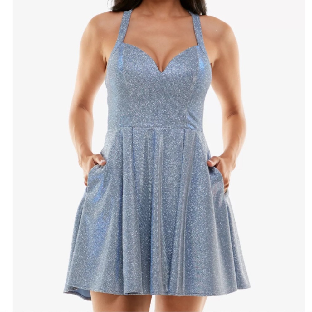 B. Darlin Blue Pleated Sundress Sweetheart Neckline
